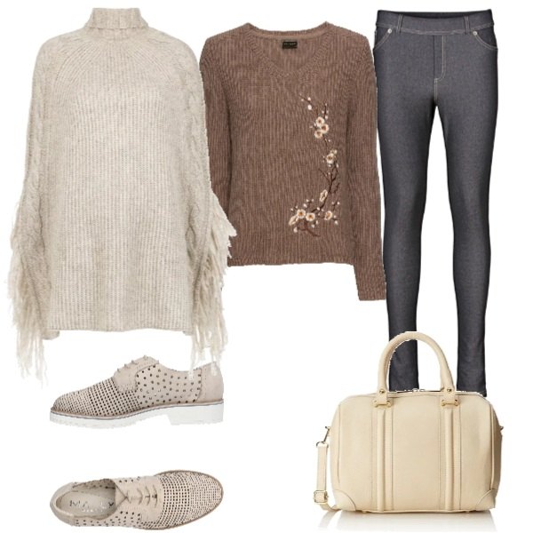 Outfit donna - Poncho bianco. Stile Basic per Ufficio. Abbinamento con jeggings, pullover, scarpe stringate stringate traforato con tacco squadrato e punta tonda tinta unita, poncio grigio, borsa a mano beige.