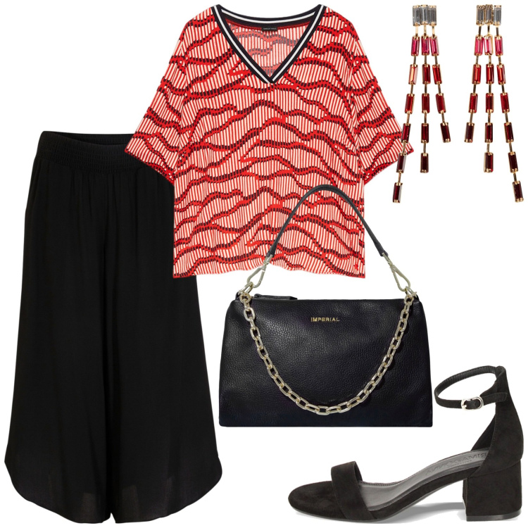 Outfit donna - Total look #1913570. Stile Chic per Serata fuori. Abbinamento con pantaloni culotte, orecchini, pochette, sandali col tacco, bluse.