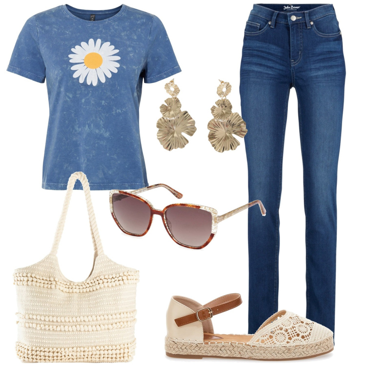 Outfit donna - Bantoa Summer Sale. Stile Casual chic per Tutti i giorni. Abbinamento con t-shirt, jeans slim fit, shopping bag, orecchini, espadrillas, occhiali da sole.