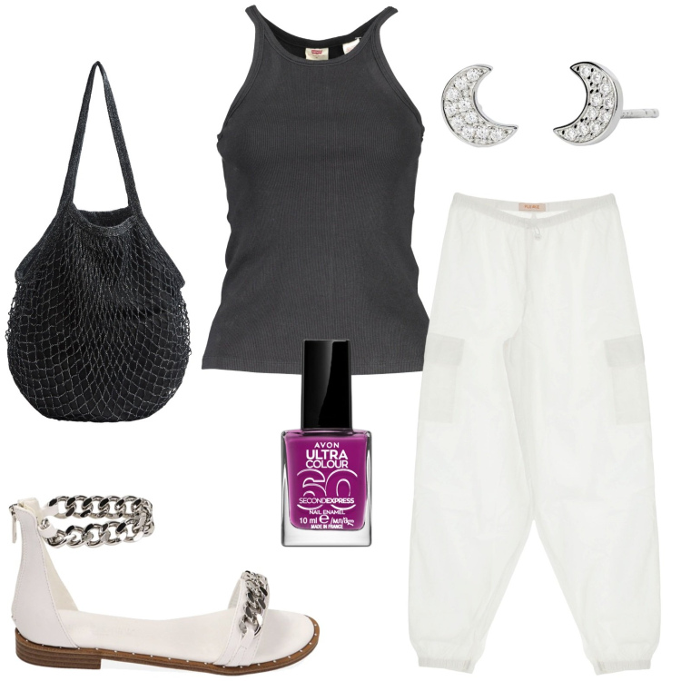 Outfit donna - Sandali con dettaglio catena. Stile Bon Ton per Tutti i giorni. look ideale per Petite. Abbinamento con smalti, borse a tracolla, orecchini, pantaloni cargo, sandali, camicie.