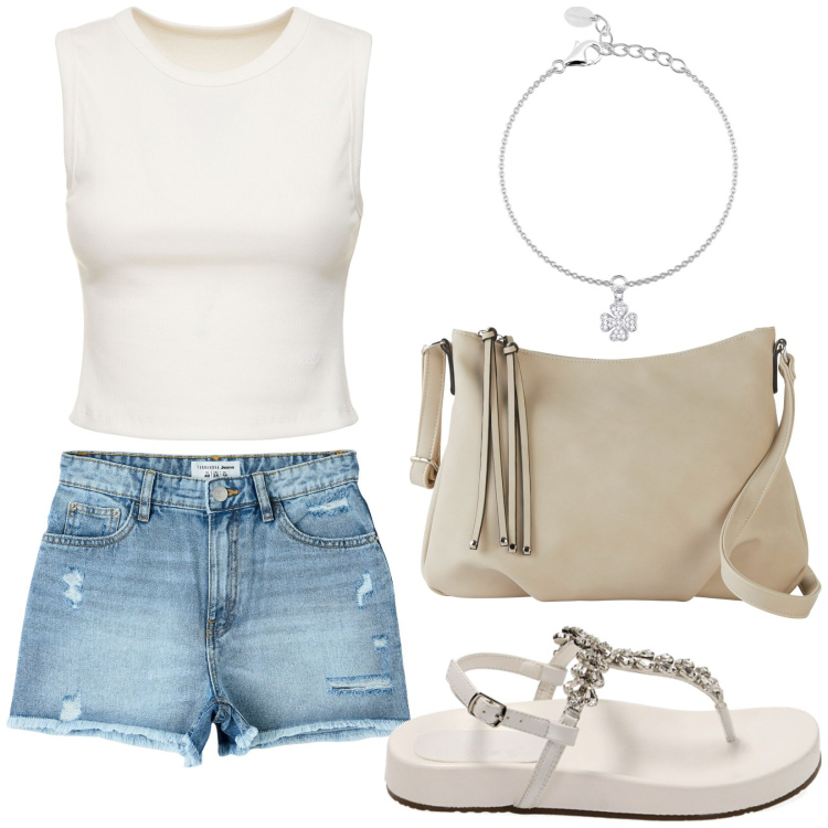 Outfit donna - Total look #1913621. Stile Basic per Tutti i giorni. Abbinamento con borse a tracolla, shorts, braccialetti con ciondoli, ciabatte, canottiere.
