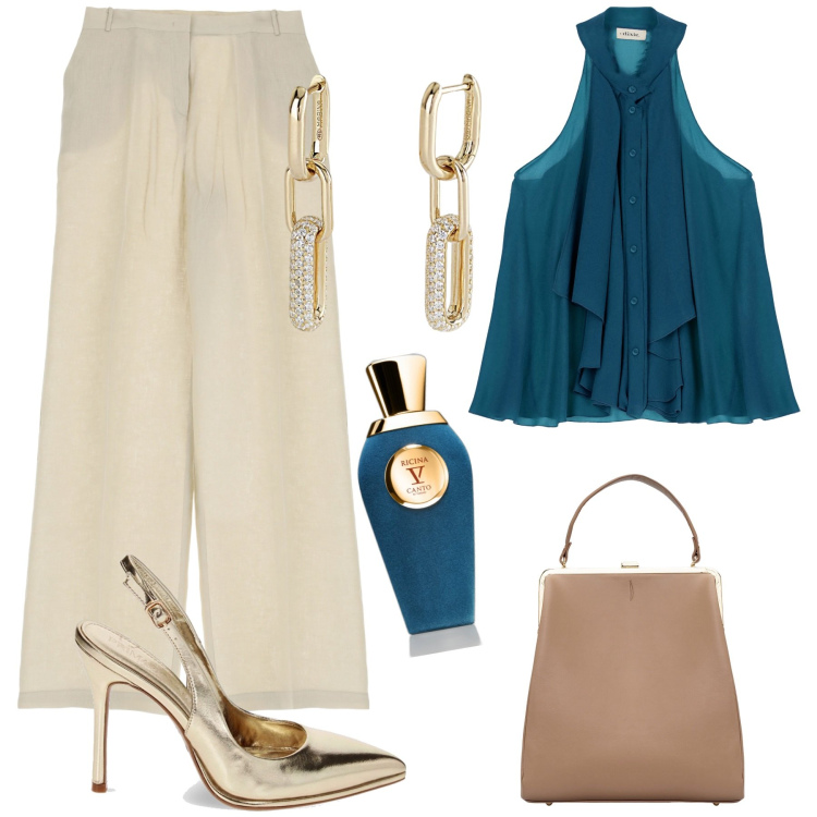Outfit donna - Serata fuori. Stile Glamour per Serata fuori. Abbinamento con profumi, orecchini, pantaloni a palazzo, décolleté, top, borse a spalla.