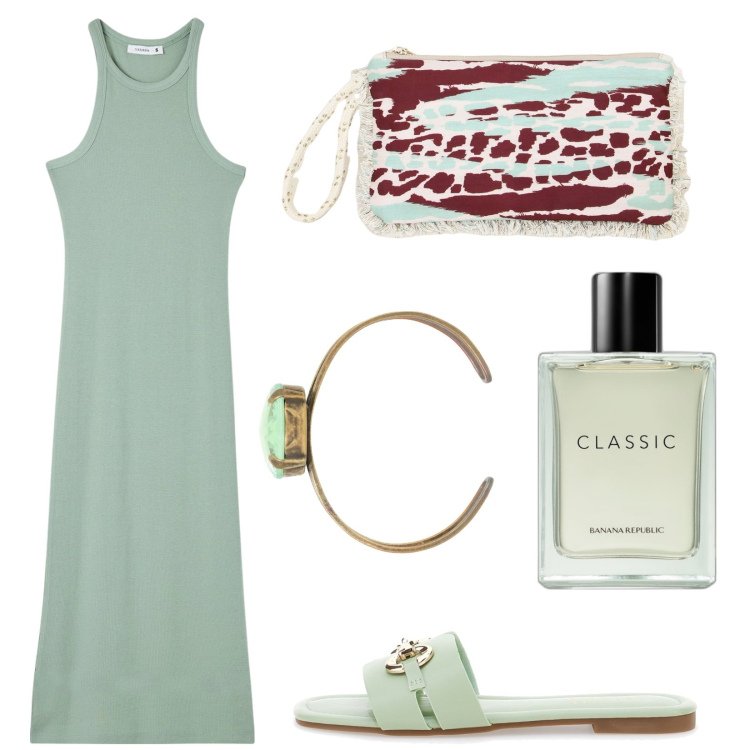 Outfit donna - Total look #1913640. Stile Minimal per Mare. Abbinamento con profumi, braccialetti, pochette, vestiti lunghi, ciabatte.