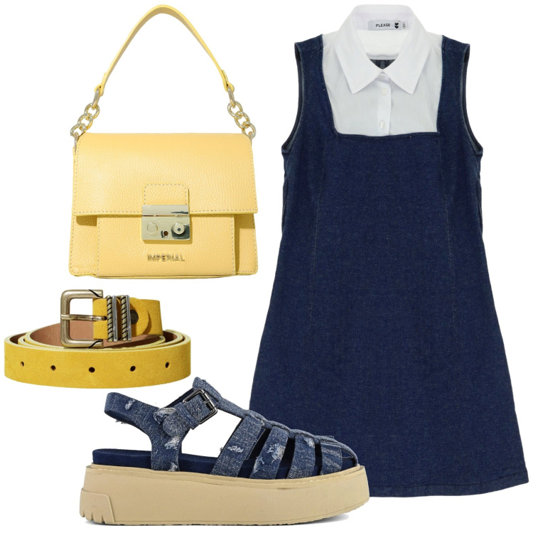 Outfit donna - Denim & Yellow. Stile Minimal per Tutti i giorni. Abbinamento con pochette, cinture, vestiti corti, sandali.