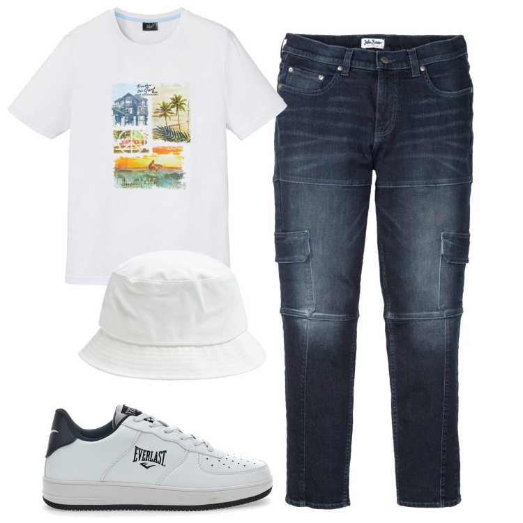Outfit uomo - City. Stile Casual per Tutti i giorni. Abbinamento con jeans slim fit, t-shirt, cappelli, scarpe sportive.
