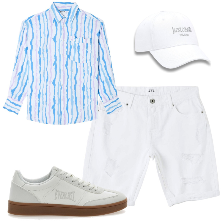 Outfit uomo - Luglio. Stile Trendy per Tutti i giorni. Abbinamento con bermuda, camicie, cappelli con visiera, scarpe sportive.