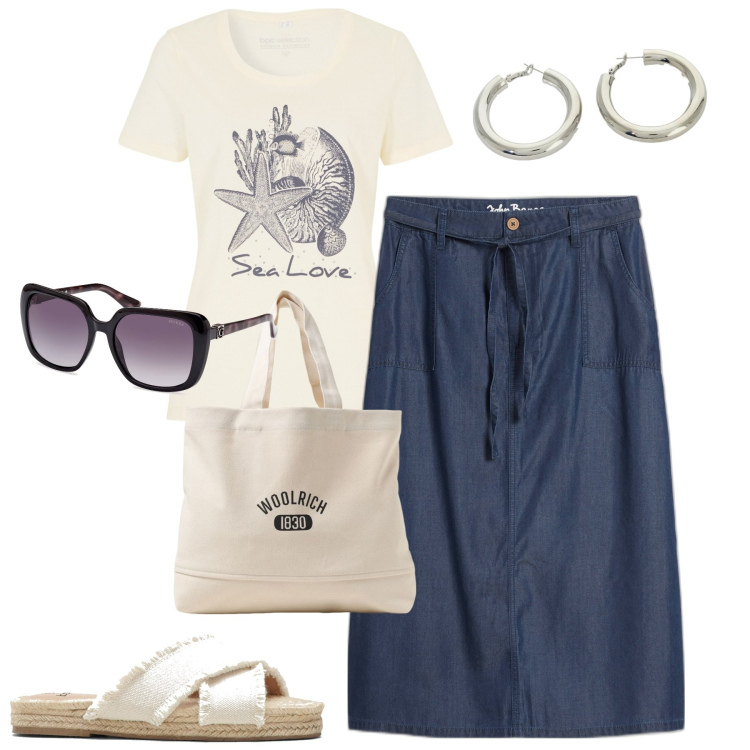 Outfit donna - Luglio. Stile Casual chic per Tutti i giorni. Abbinamento con t-shirt, ciabatte, gonne, orecchini, occhiali da sole, borse tote.