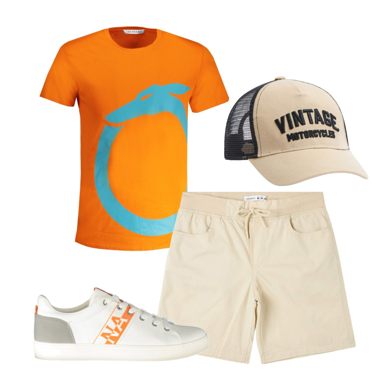Outfit uomo - In centro libero. Stile Casual per Tutti i giorni. Abbinamento con shorts, cappelli, sneakers, t-shirt.