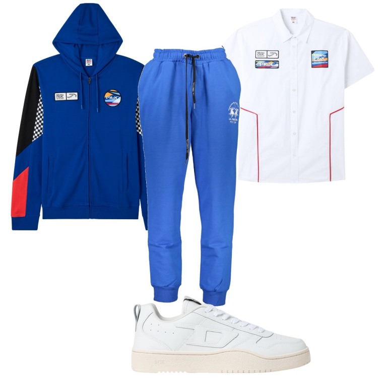 Outfit uomo - Total look #1913733. Stile Trendy per Sport. Abbinamento con camicie a manica corta, felpe con cappuccio, pantaloni, sneakers.