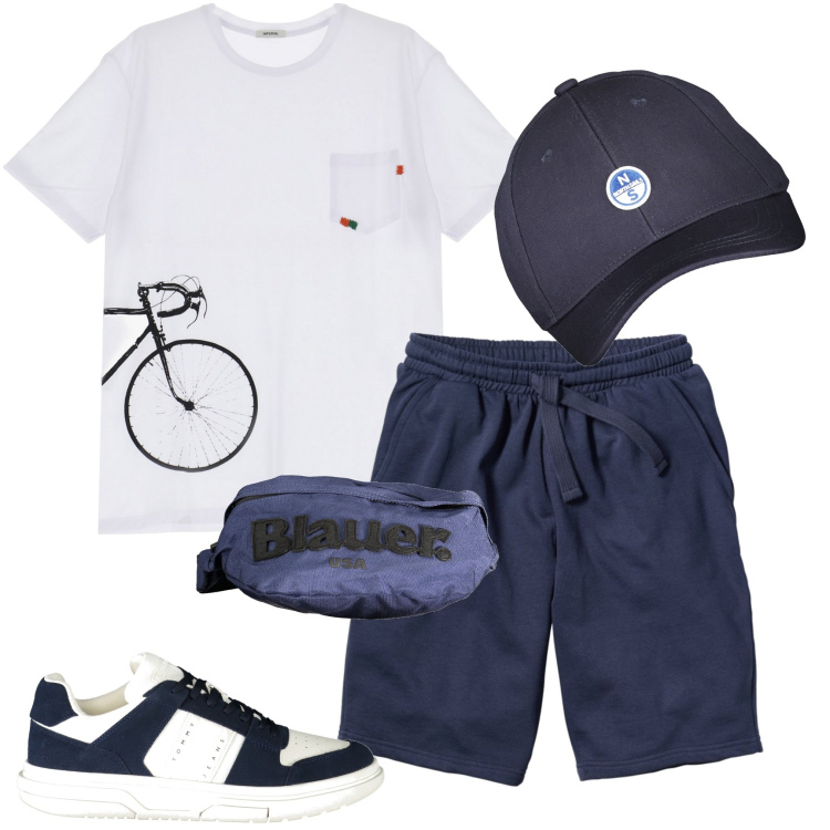 Outfit uomo - Passeggiando in bicicletta. Stile Casual per Sport. Abbinamento con bermuda, t-shirt, cappelli con visiera, sneakers, borse sportive.