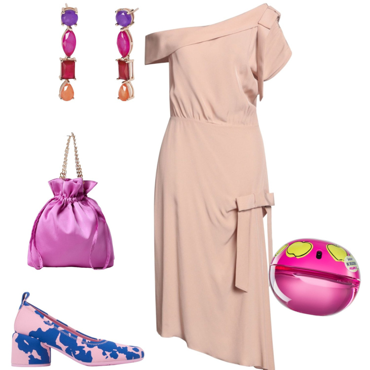 Outfit donna - Cerimonia in cipria. Stile Bon Ton per Cerimonia. Abbinamento con vestiti midi/longuette, profumi, orecchini, borse a mano, scarpe col tacco.