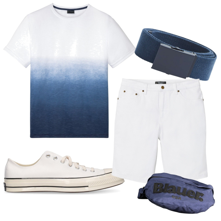 Outfit uomo - In vacanza. Stile Casual per Mare. Abbinamento con bermuda, t-shirt, cinture, borse sportive, sneakers.