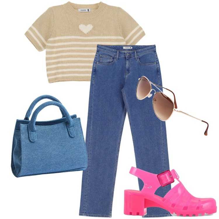 Outfit donna - Con le ragno. Stile Casual chic per Tutti i giorni. Abbinamento con occhiali da sole, jeans dritti, maglieria, borse a tracolla, sandali col tacco.