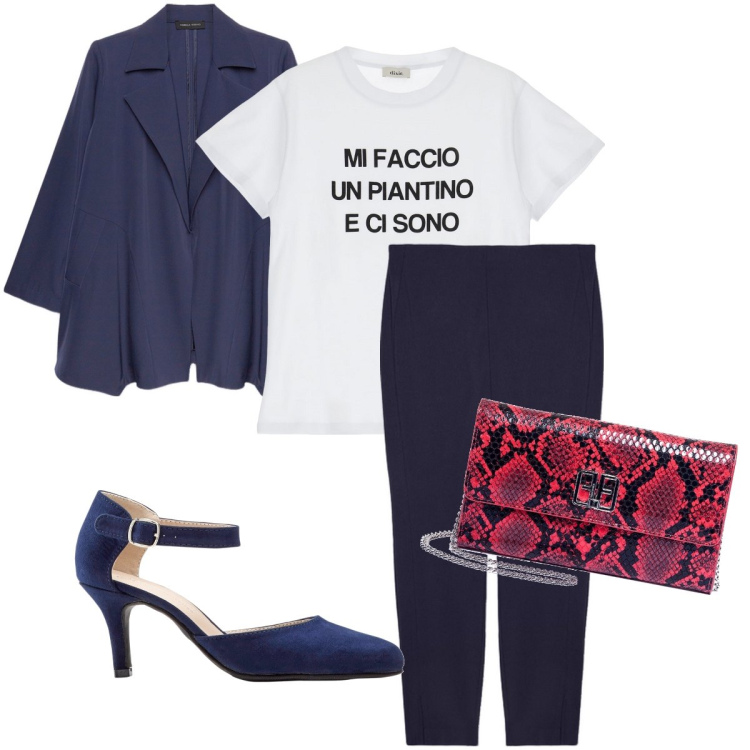 Outfit donna - Sempre ironica. Stile Bon Ton per Serata fuori. Abbinamento con décolleté, pochette, t-shirt, blazer, pantaloni skinny.
