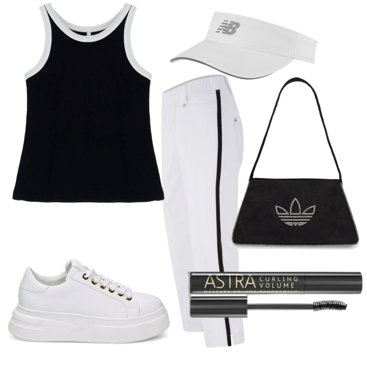 Outfit donna - Total look #1913767. Stile Casual per Tutti i giorni. Abbinamento con pantaloni, mascara, cappelli con visiera, top, sneakers, borse a spalla.
