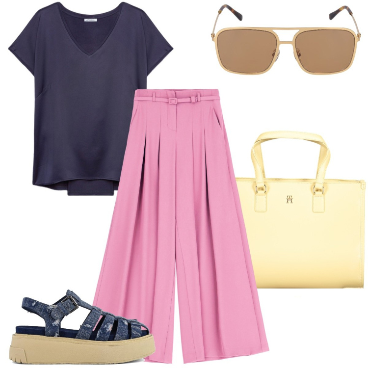 Outfit donna - I sandali bombati. Stile Trendy per Tutti i giorni. Abbinamento con pantaloni a palazzo, t-shirt, sandali, occhiali da sole, borse a spalla.