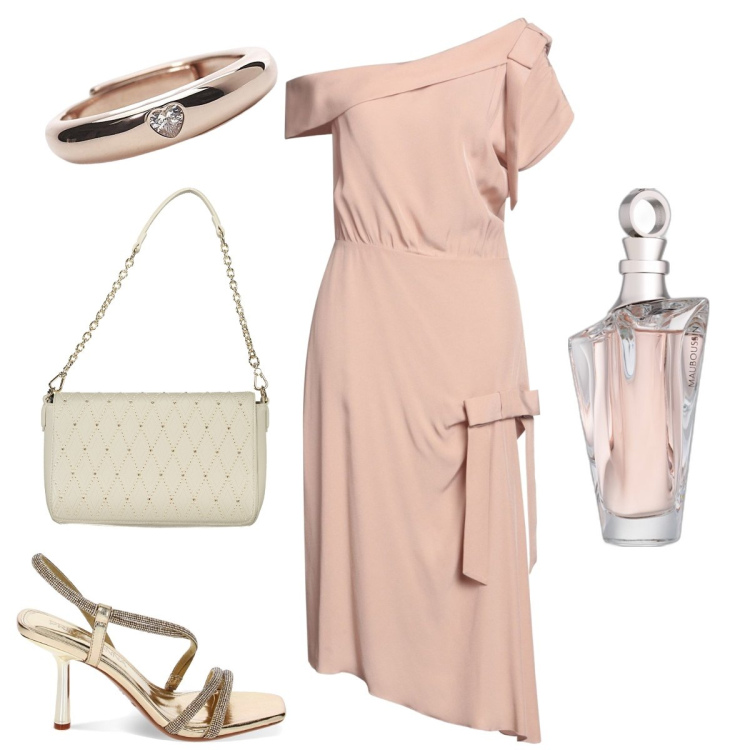 Outfit donna - Scollatura asimmetrica. Stile Chic per Cerimonia. Abbinamento con vestiti midi/longuette, profumi, anelli, sandali gioiello, borse a spalla.