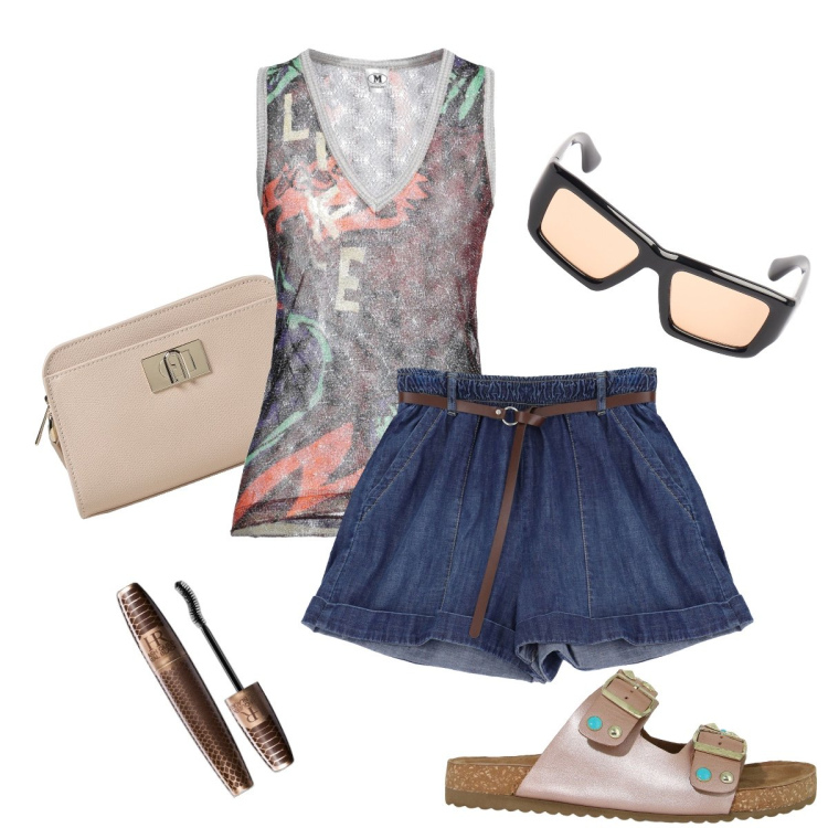 Outfit donna - Gli shorts in jeans. Stile Preppy per Mare. Abbinamento con top, mascara, shorts, sandali gioiello, occhiali da sole, borse a spalla.