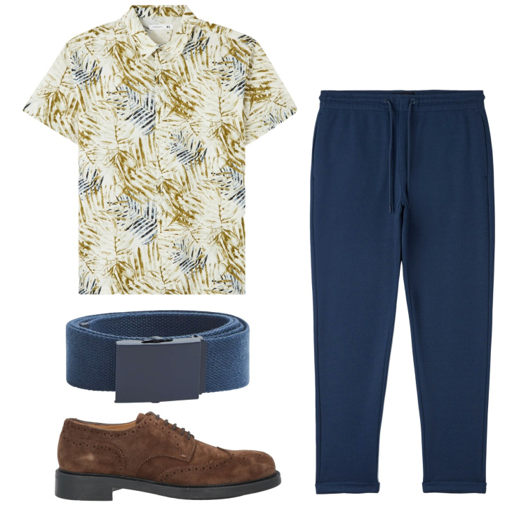 Outfit uomo - Estivo elegante. Stile Trendy per Tutti i giorni. Abbinamento con scarpe stringate, camicie a manica corta, pantaloni, cinture.