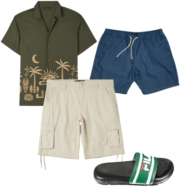 Outfit uomo - Decori sulla camicia. Stile Trendy per Mare. Abbinamento con camicie a manica corta, pantaloni corti, sandali, costumi.
