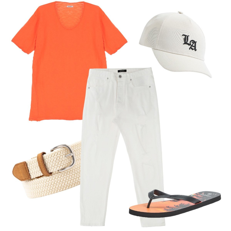 Outfit uomo - Passeggiata al mare. Stile Trendy per Mare. Abbinamento con sandali, cappelli, pantaloni, t-shirt, cinture.