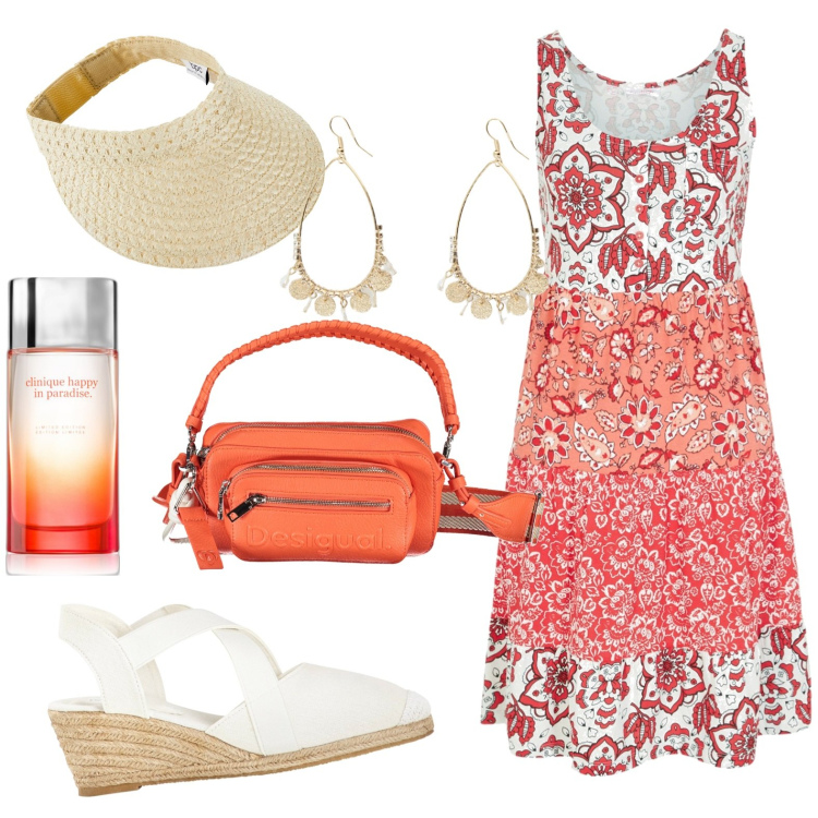 Outfit donna - Total look #1913836. Stile Casual per Tutti i giorni. Abbinamento con vestiti corti, sandali, cappelli con visiera, profumi, orecchini, borse a spalla.