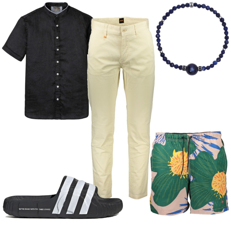 Outfit uomo - Total look #1913840. Stile Trendy per Mare. Abbinamento con camicie a manica corta, braccialetti, pantaloni, costumi, sandali.