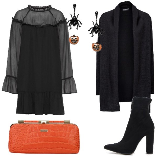 Outfit donna - Ispirazione Halloween. Stile Chic per Serata fuori. Abbinamento con cardigans, vestiti, pochette con zip e logo frontale arancione e oro, stivaletti nero, orecchini farfalla in denim.