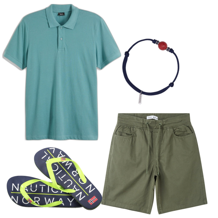 Outfit uomo - Lungomare. Stile Casual per Tutti i giorni. Abbinamento con polo, shorts, braccialetti, sandali.