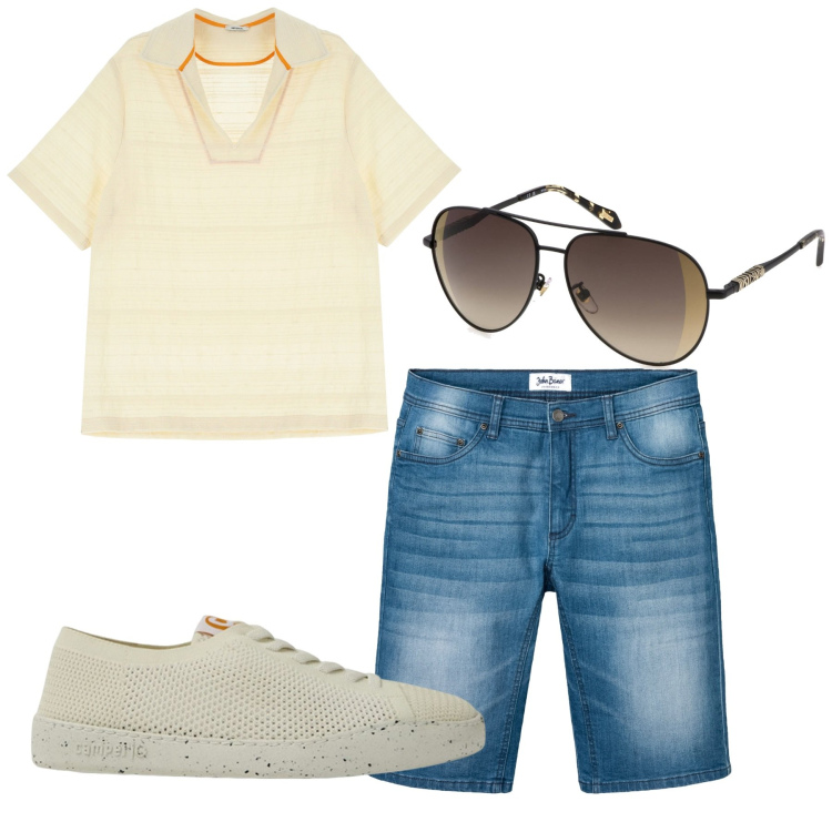 Outfit uomo - Aperitivo. Stile Casual per Tutti i giorni. Abbinamento con bermuda, camicie a manica corta, occhiali da sole, scarpe stringate.