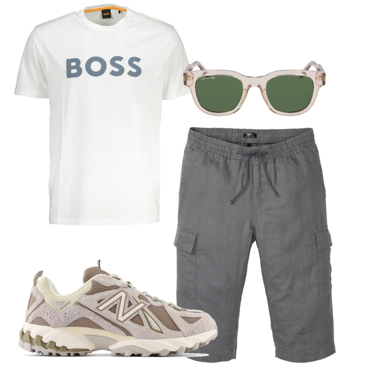 Outfit uomo - Boss. Stile Urban per Tutti i giorni. Abbinamento con bermuda, sneakers, t-shirt, occhiali da sole.