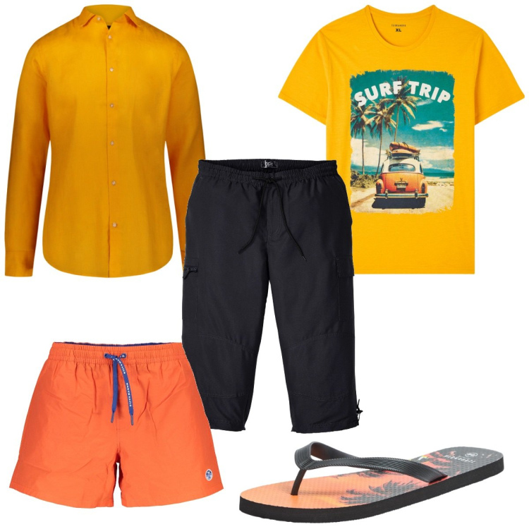 Outfit uomo - Total look #1913905. Stile Trendy per Mare. Abbinamento con pantaloni capri, sandali, t-shirt, camicie, costumi.