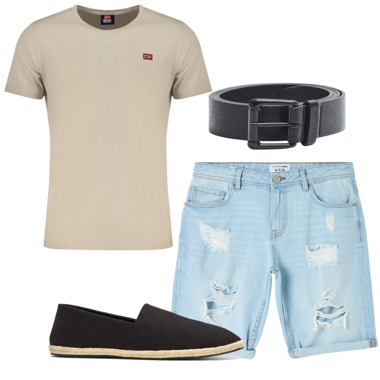 Outfit uomo - Strappi. Stile Casual per Tutti i giorni. Abbinamento con espadrillas, cinture, shorts, t-shirt.