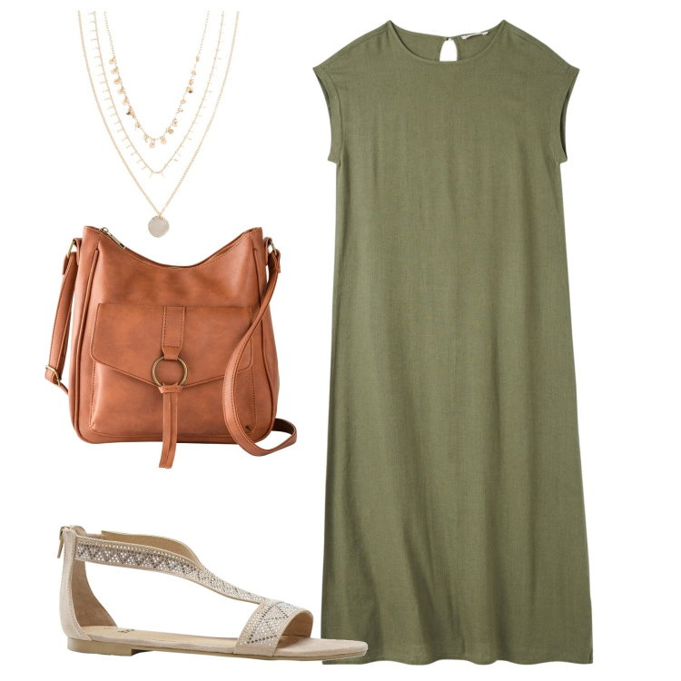 Outfit donna - In ufficio a luglio. Stile Bon Ton per Ufficio. Abbinamento con borse a tracolla, collane, sandali, vestiti lunghi.