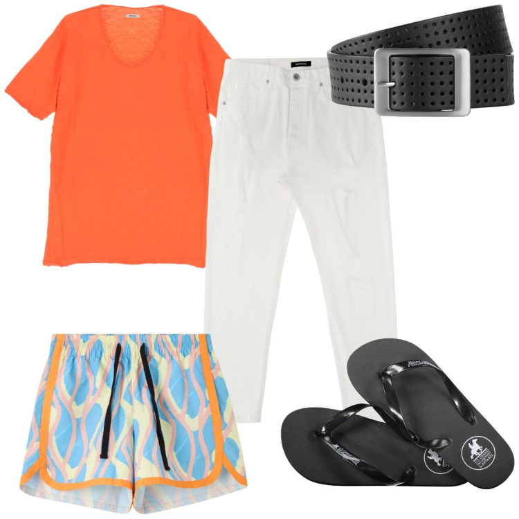Outfit uomo - Total look #1913913. Stile Trendy per Mare. Abbinamento con cinture, costumi, pantaloni, t-shirt, sandali.