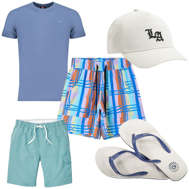 Outfit uomo - Total look #1913928. Stile Trendy per Mare. Abbinamento con costumi, bermuda, cappelli, t-shirt, sandali.