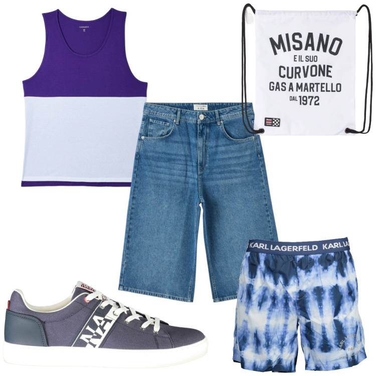 Outfit uomo - Total look #1913929. Stile Trendy per Mare. Abbinamento con borse sportive, pantaloni corti, canottiere, sneakers, costumi.
