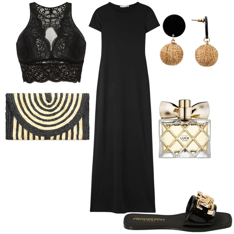 Outfit donna - Total look #1913942. Stile Casual per Tutti i giorni. Abbinamento con orecchini, reggiseni, profumi, vestiti lunghi, ciabatte, pochette.