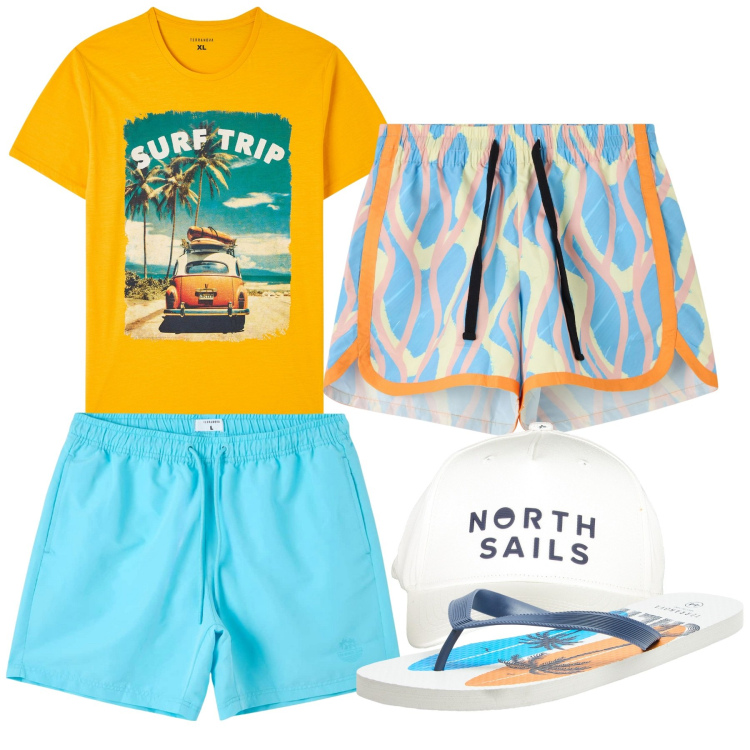 Outfit uomo - Al mare. Stile Casual per Mare. Abbinamento con sandali, costumi, bermuda, t-shirt, cappelli con visiera.