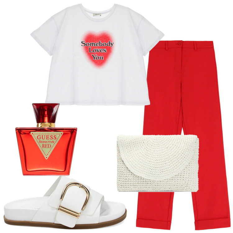 Outfit donna - Cherry Red. Stile Casual per Tutti i giorni. Abbinamento con profumi, pochette, sandali, t-shirt, pantaloni.