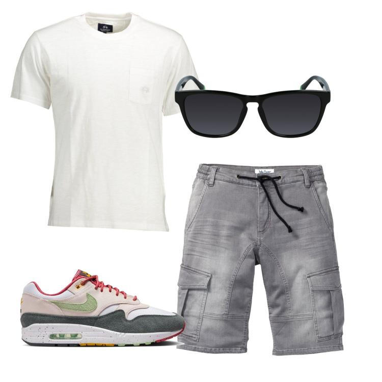 Outfit uomo - Un classico casual. Stile Casual per Tutti i giorni. Abbinamento con bermuda, t-shirt, occhiali da sole, sneakers.