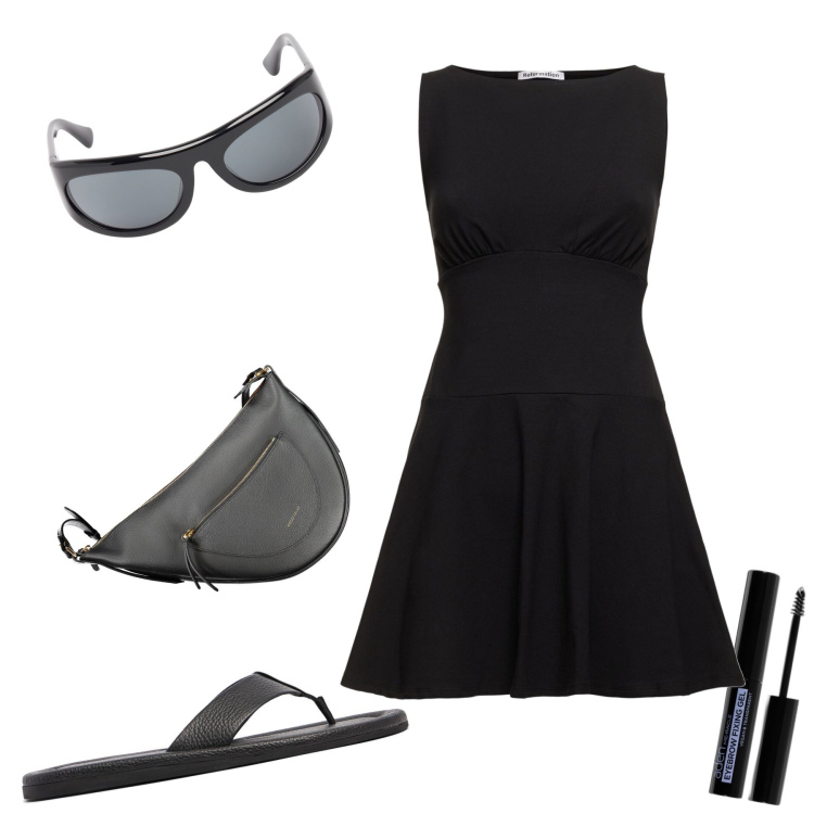 Outfit donna - Talvolta basta un semplice abitino. Stile Basic per Tutti i giorni. Abbinamento con mascara, vestiti corti, borse a tracolla, infradito, occhiali da sole.
