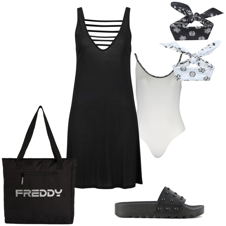 Outfit donna - Tutto il giorno al mare. Stile Trendy per Mare. Abbinamento con vestiti da spiaggia, fasce per capelli, shopping bag, ciabatte, costumi interi.