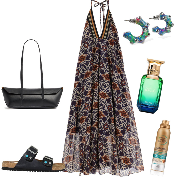 Outfit donna - Lungomare stasera. Stile Glamour per Serata fuori. Abbinamento con terre, profumi, vestiti lunghi, sandali gioiello, orecchini, shopping bag.