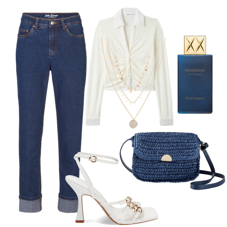 Outfit donna - Aperitivo chic in denim e paglia. Stile Casual chic per Tutti i giorni. Abbinamento con collane, borse a tracolla, jeans boyfriend, profumi, camicie, sandali col tacco.