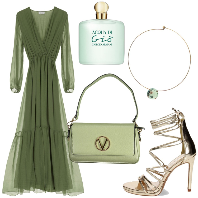 Outfit donna - Total look #1914011. Stile Glamour per Cerimonia. Abbinamento con profumi, sandali col tacco, vestiti lunghi, ciondoli, borse a spalla.