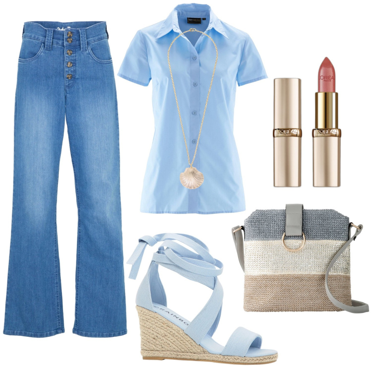 Outfit donna - Una normale giornata in città. Stile Trendy per Tutti i giorni. Abbinamento con jeans dritti, sandali, camicie a manica corta, borse a tracolla, rossetti, collane.
