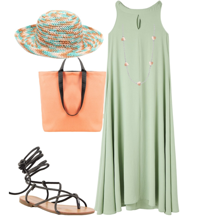 Outfit donna - Un giro per le viuzze shopping. Stile Casual chic per Tutti i giorni. Abbinamento con vestiti senza maniche, sandali alla schiava, collane, borse tote, cappelli.