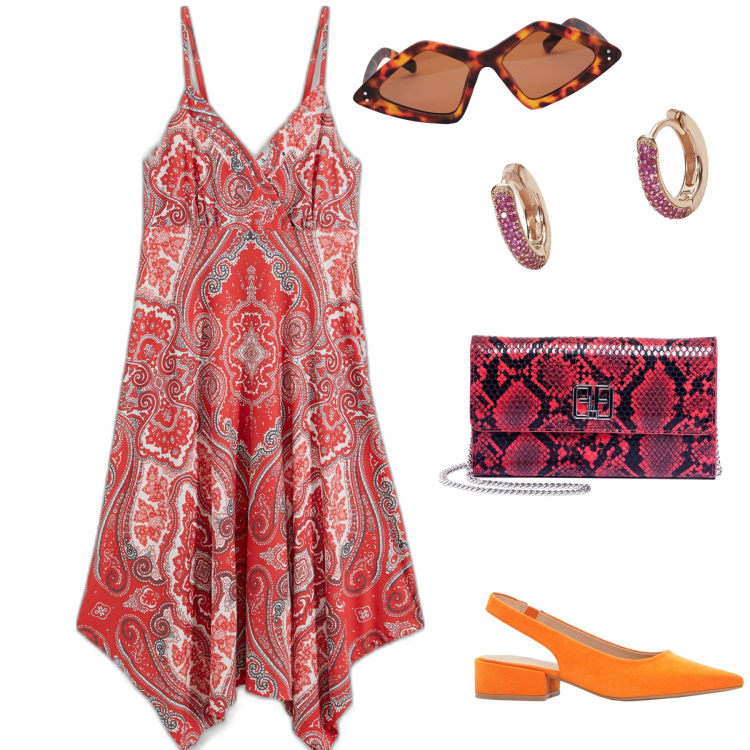 Outfit donna - Abito foulard. Stile Glamour per Serata fuori. Abbinamento con décolleté, vestiti, orecchini, pochette, occhiali da sole.