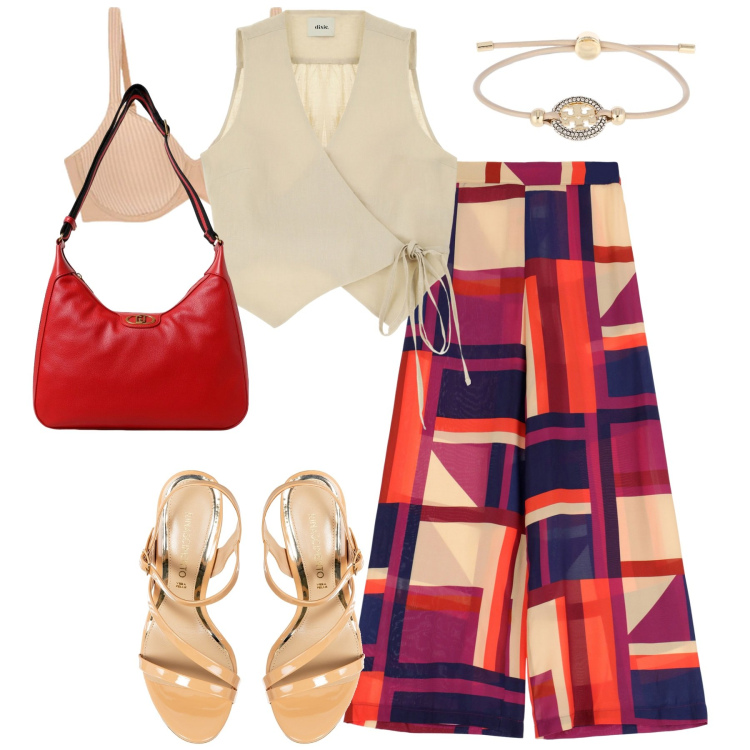 Outfit donna - Stile. Stile Trendy per Tutti i giorni. Abbinamento con sandali in pelle, pantaloni a palazzo, gilet, reggiseni, borse a spalla, braccialetti.